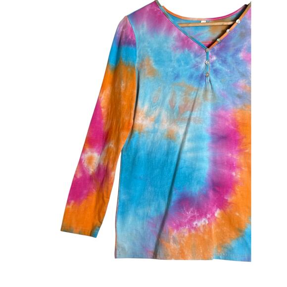 Women’s Tie Dye V-Neck Top Size Large 3/4 Sleeve 90% Cotton Boho - Picture 2 of 7